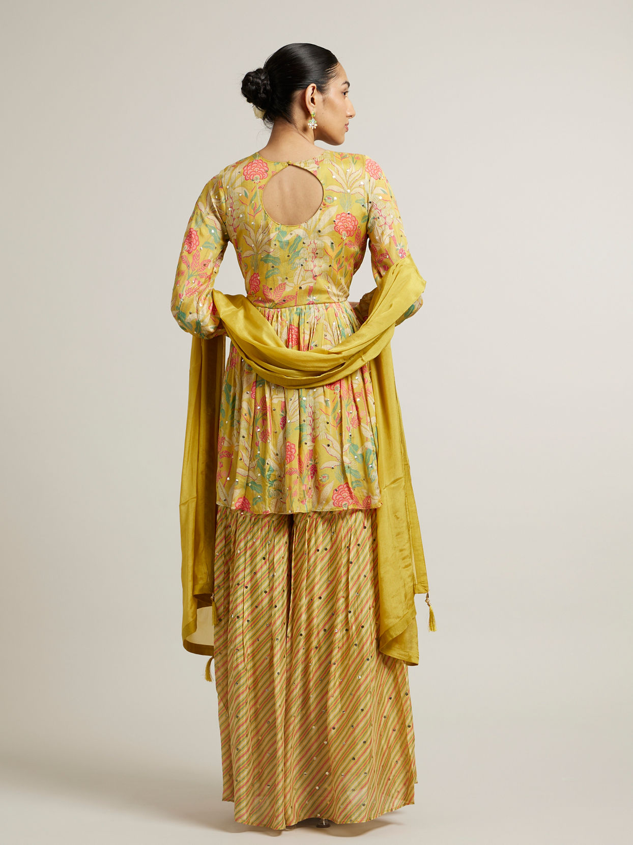 Mohey Women Sunglow Yellow Floral Printed Sharara Suits with Mirror Embellishments