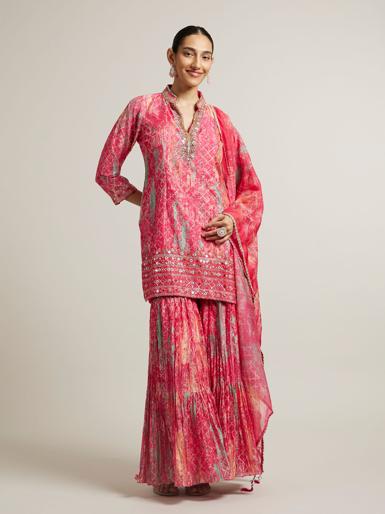 Mohey Women Bright Pink Sharara Suit Set with Mirror Work