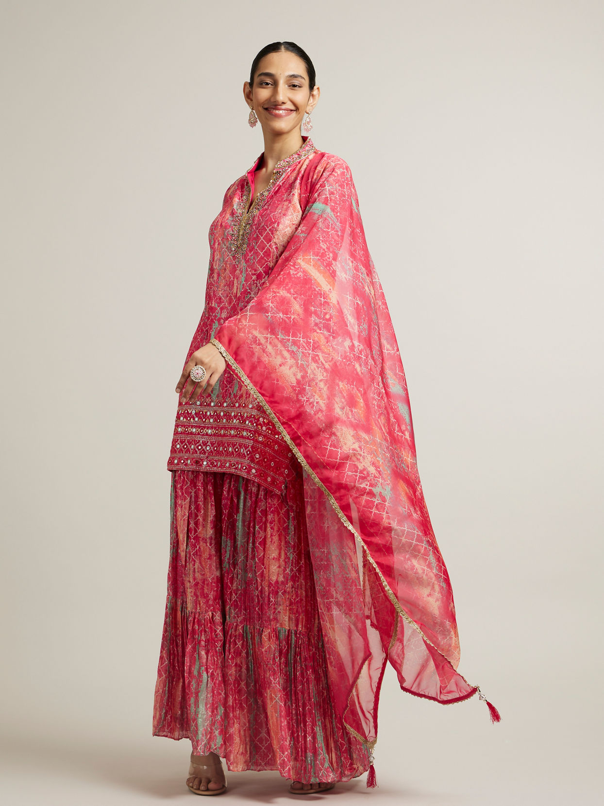 Mohey Women Bright Pink Sharara Suit Set with Mirror Work