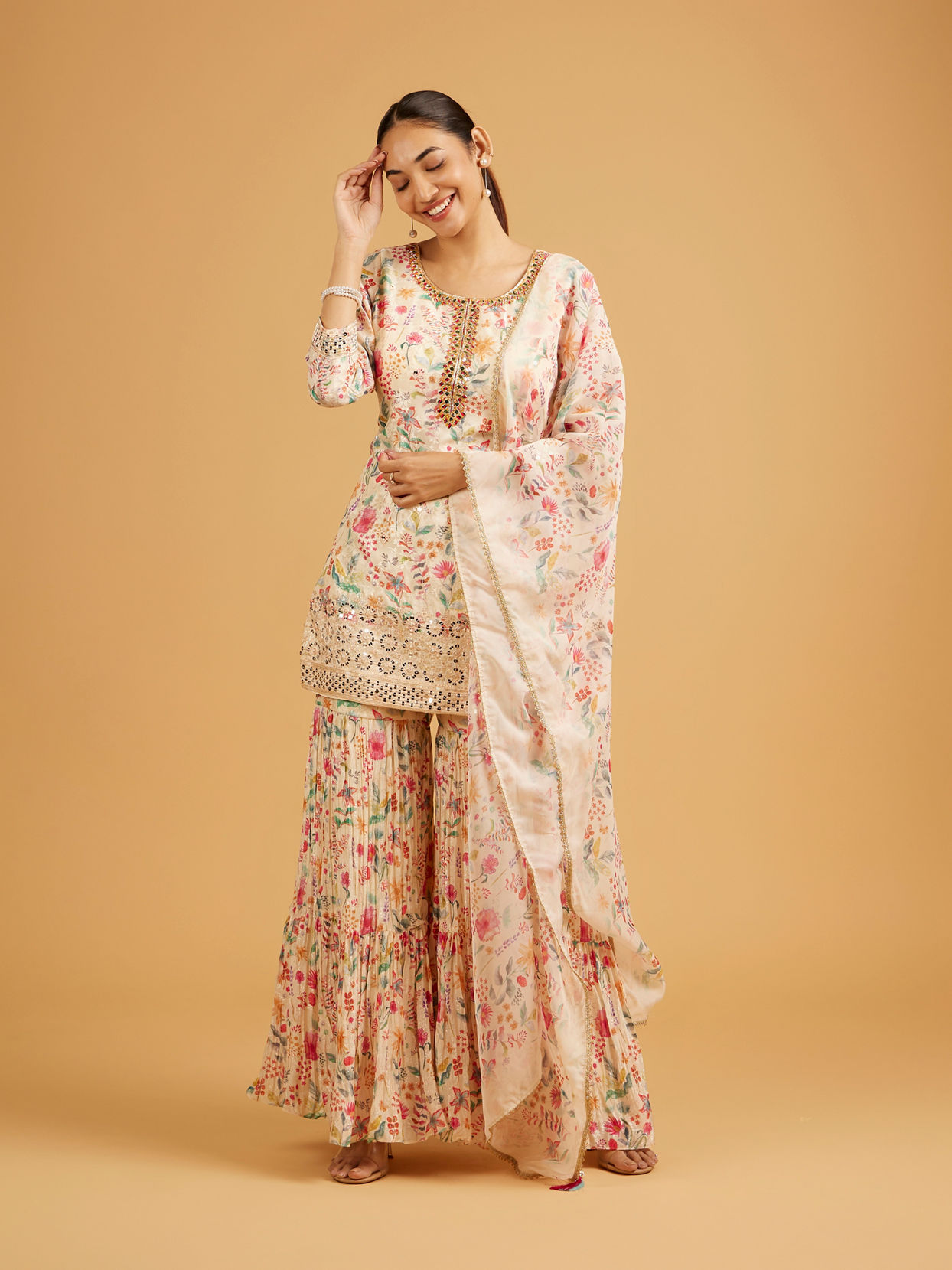 Mohey Women Cream White Botanical Printed Sharara Suit Set with Mirror