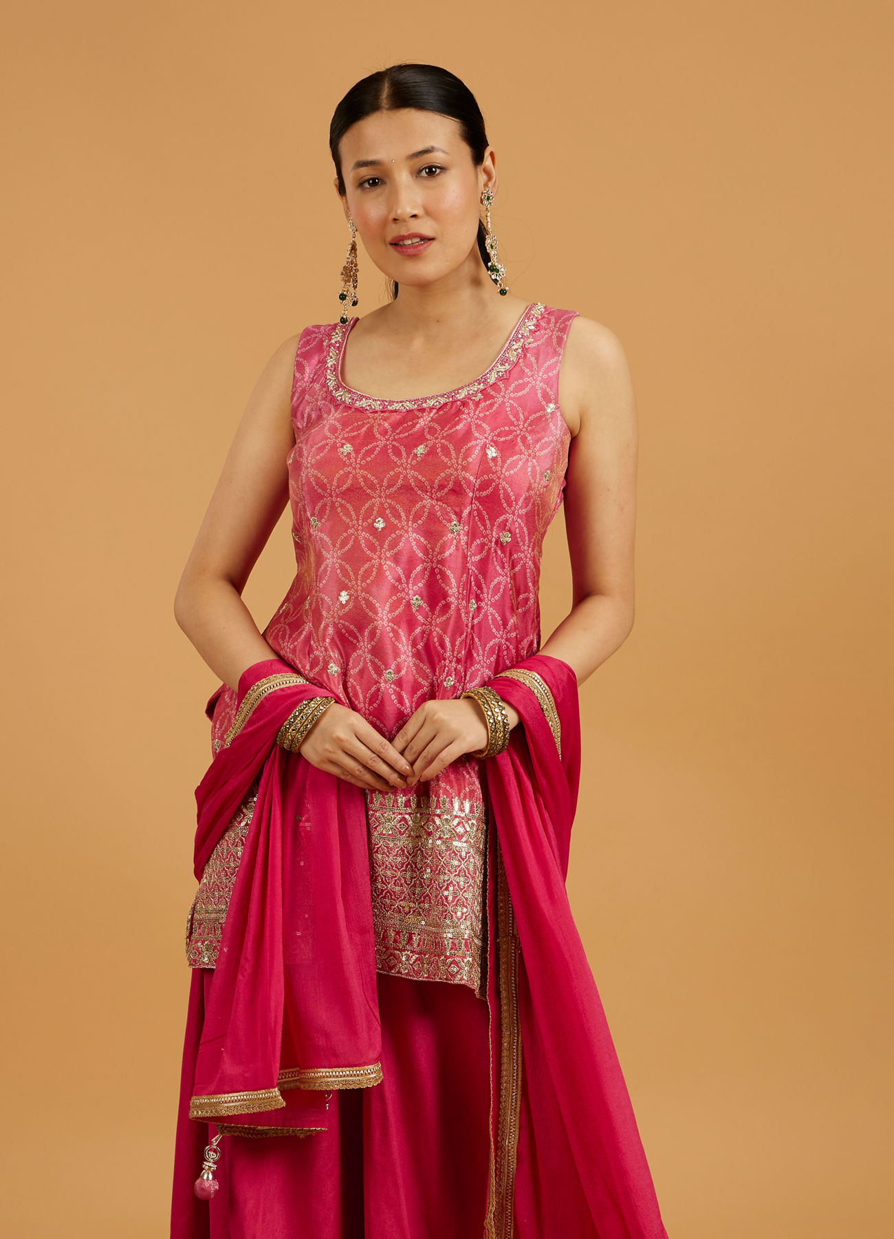 Mohey Women Hot Pink Bandhani Palazzo Suit with Floral Butas