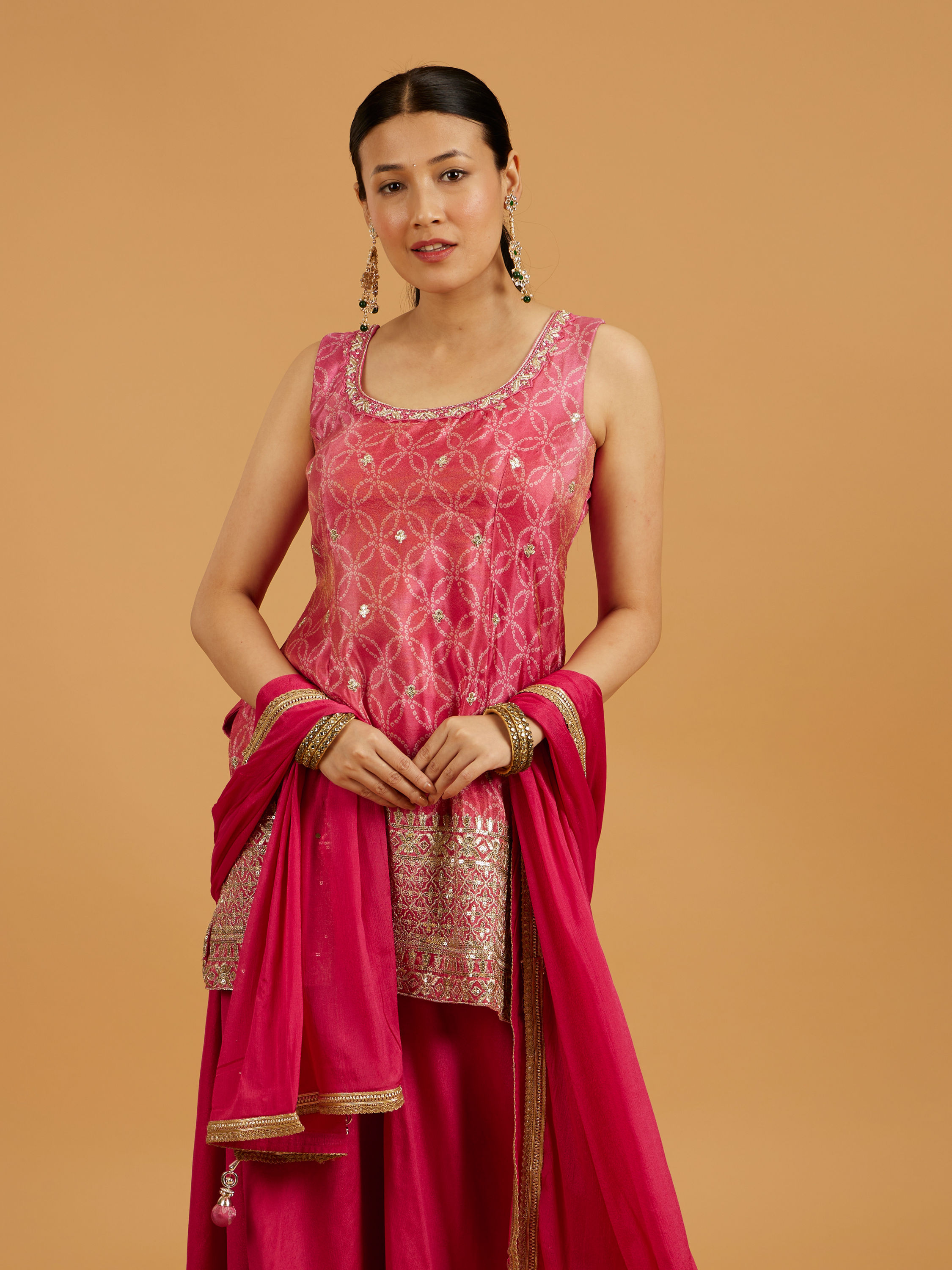 Mohey Women Hot Pink Bandhani Palazzo Suit with Floral Butas