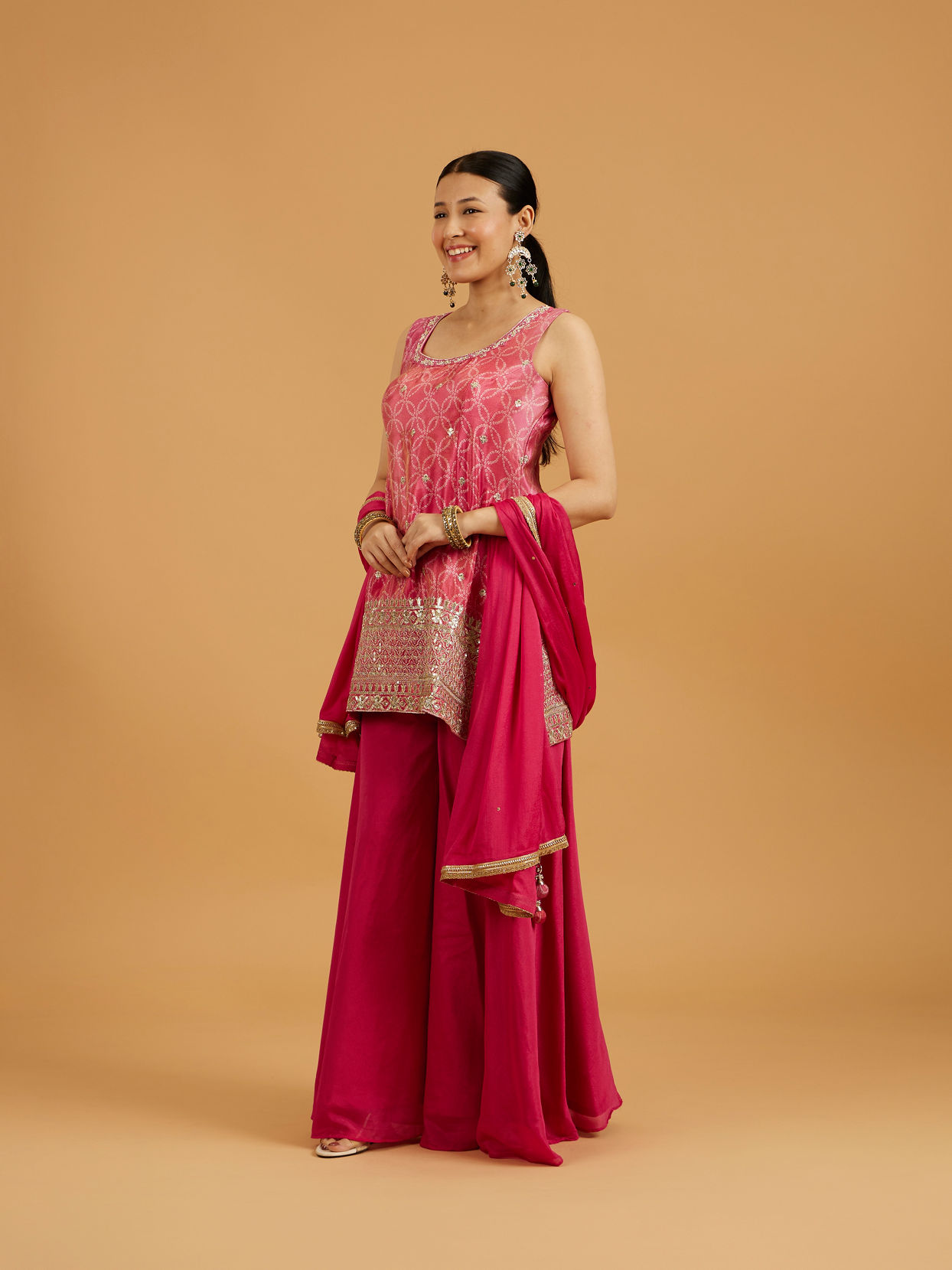 Mohey Women Hot Pink Bandhani Palazzo Suit with Floral Butas