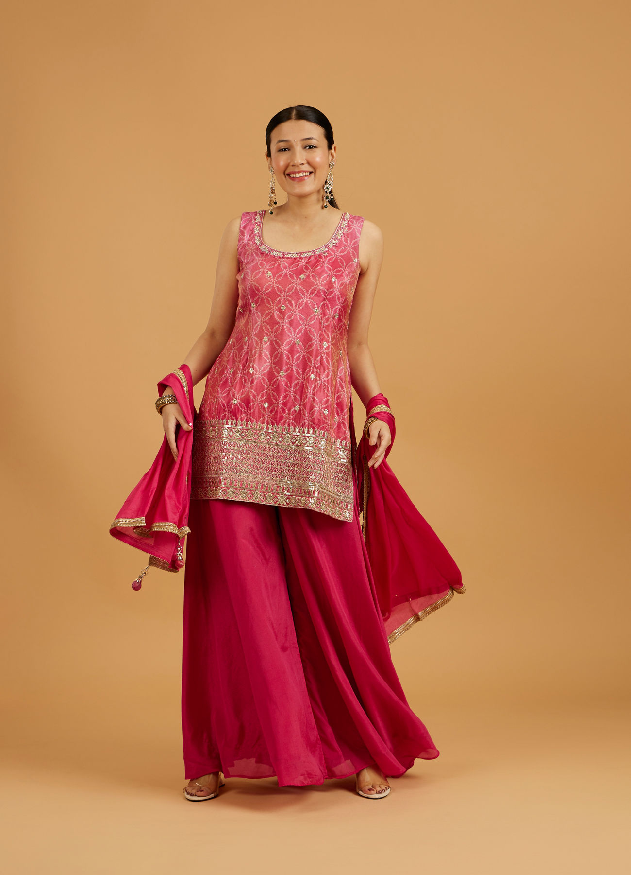 Mohey Women Hot Pink Bandhani Palazzo Suit with Floral Butas