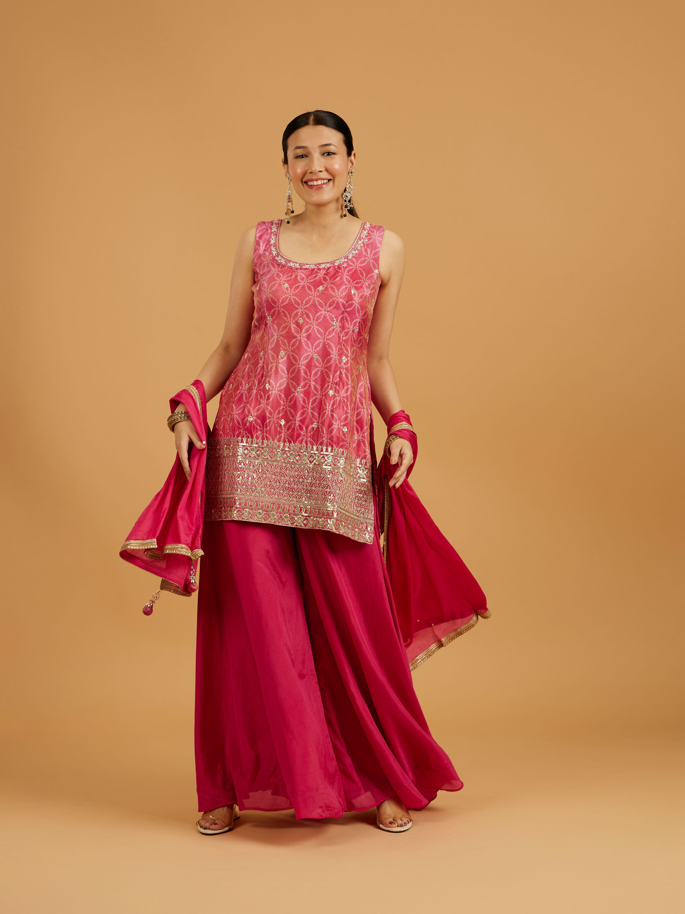 Mohey Women Hot Pink Bandhani Palazzo Suit with Floral Butas