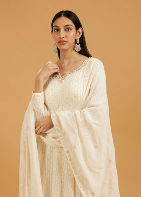 Mohey Women Cream White Linear Embroidered Anarkali Suit with Floral Borders