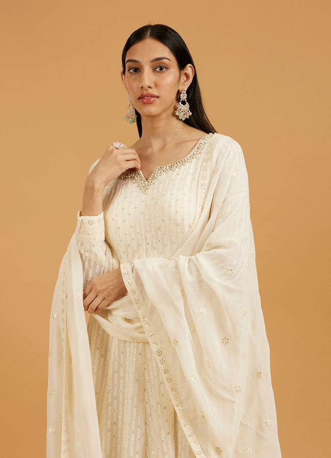 Mohey Women Cream White Linear Embroidered Anarkali Suit with Floral Borders