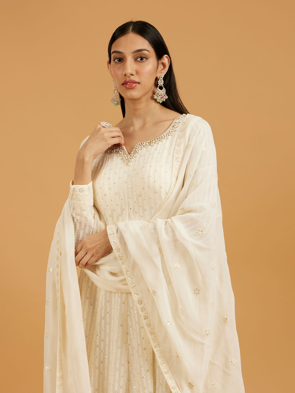 Mohey Women Cream White Linear Embroidered Anarkali Suit with Floral Borders