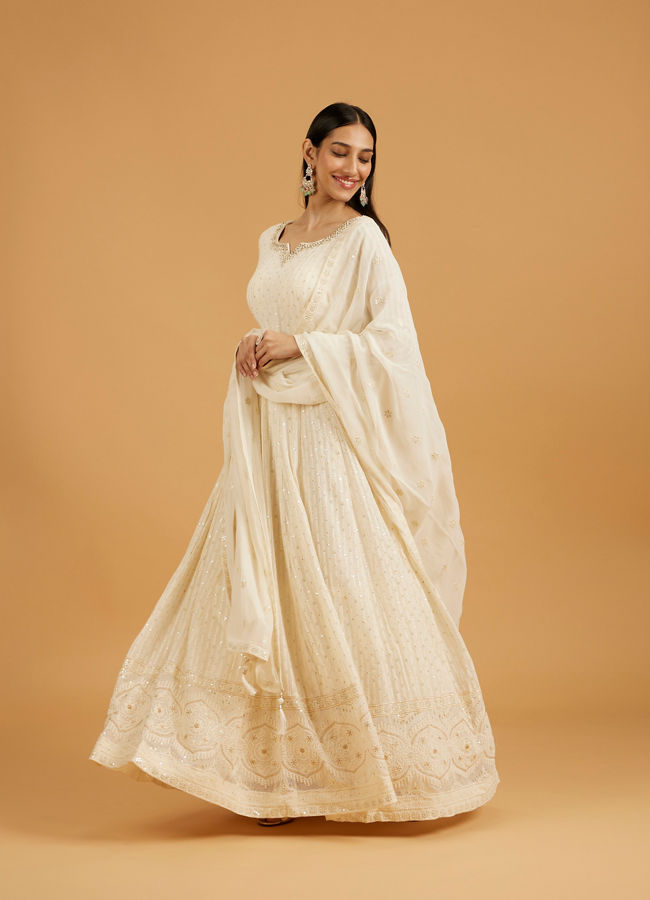 Mohey Women Cream White Linear Embroidered Anarkali Suit with Floral Borders