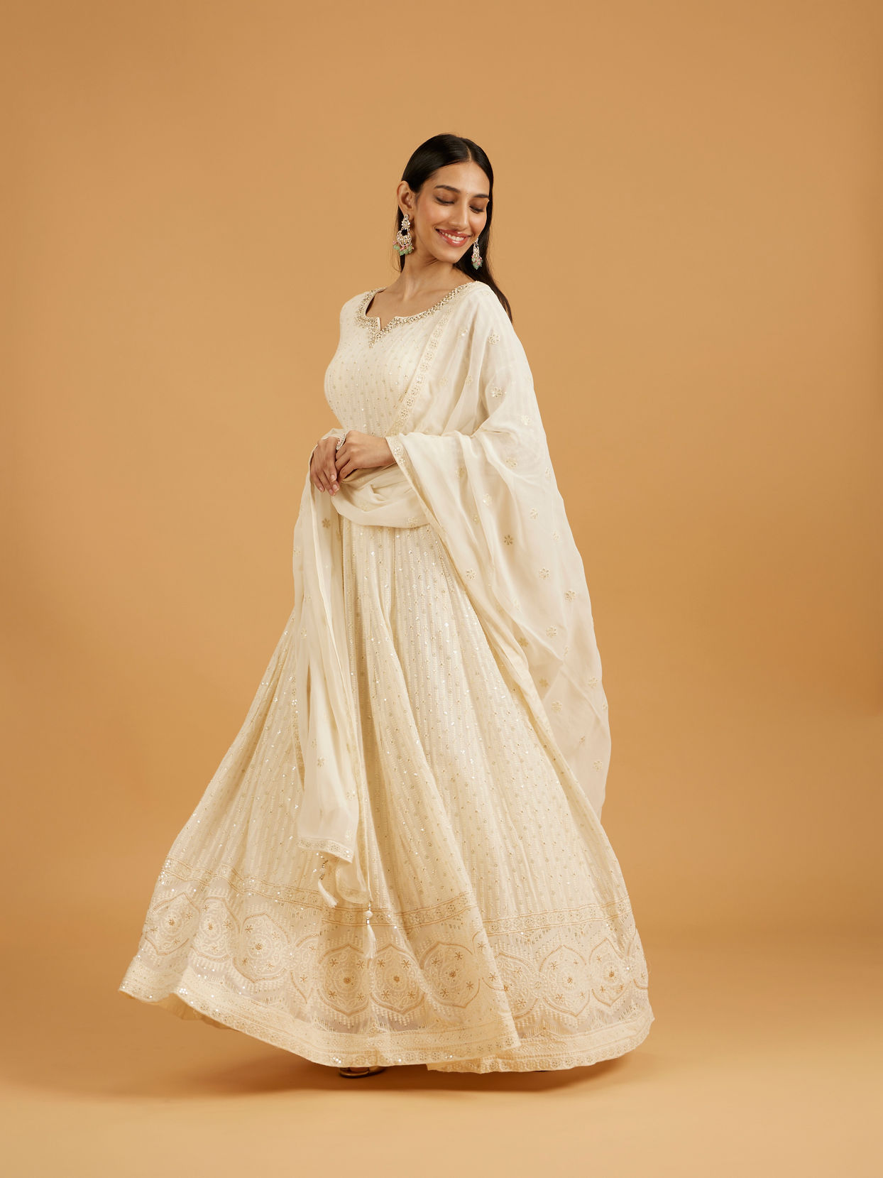 Mohey Women Cream White Linear Embroidered Anarkali Suit with Floral Borders