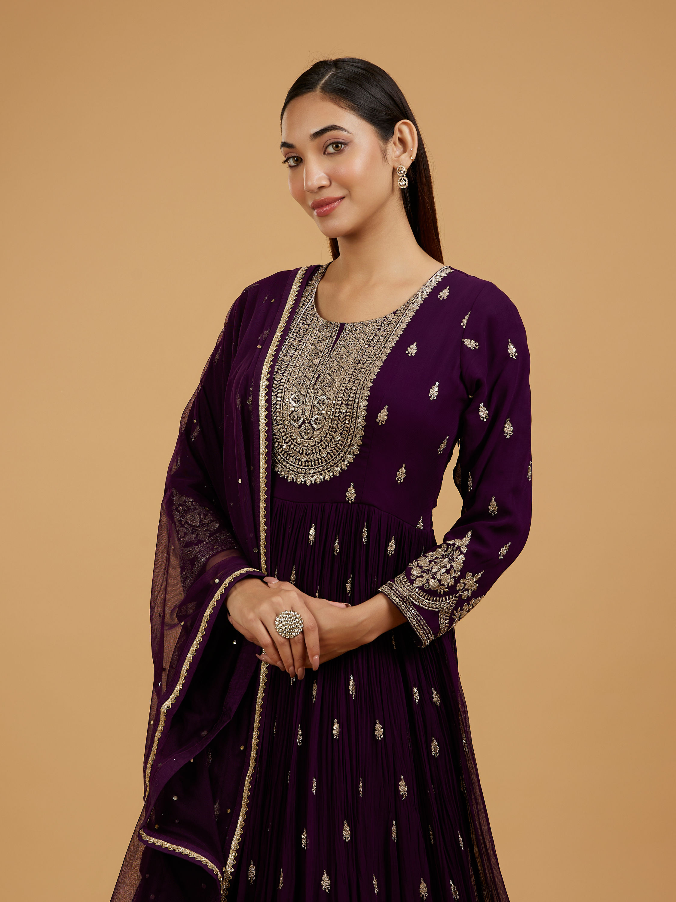 Mohey Women Wine Georgette Anarkali Suit