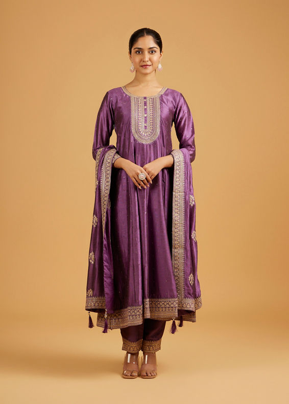 Mohey Women Dewberry Purple Rhinestone Anarkali Suit with Zari Border And Neckline