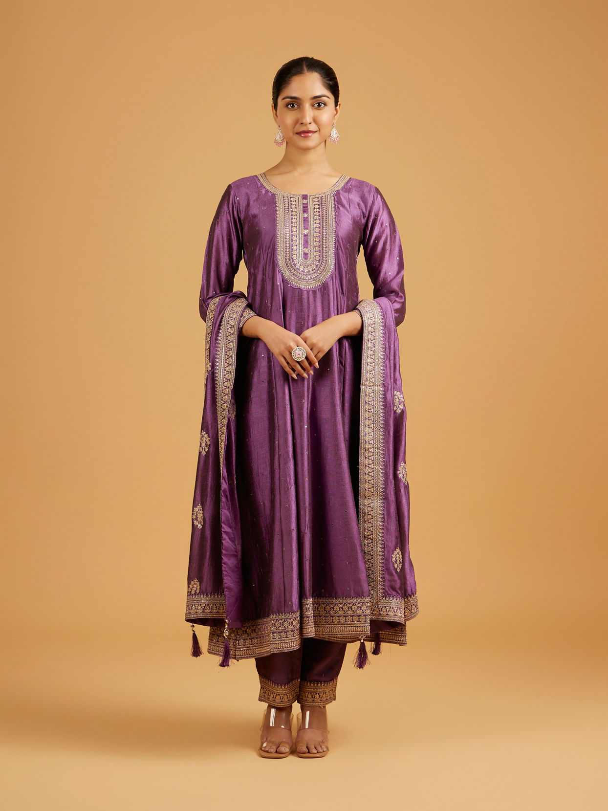 Mohey Women Dewberry Purple Rhinestone Anarkali Suit with Zari Border And Neckline