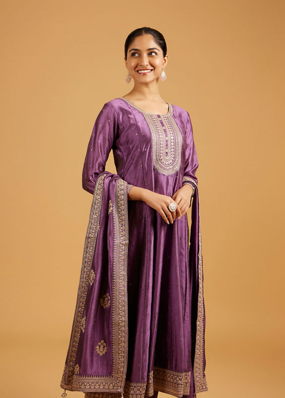 Mohey Women Dewberry Purple Rhinestone Anarkali Suit with Zari Border And Neckline