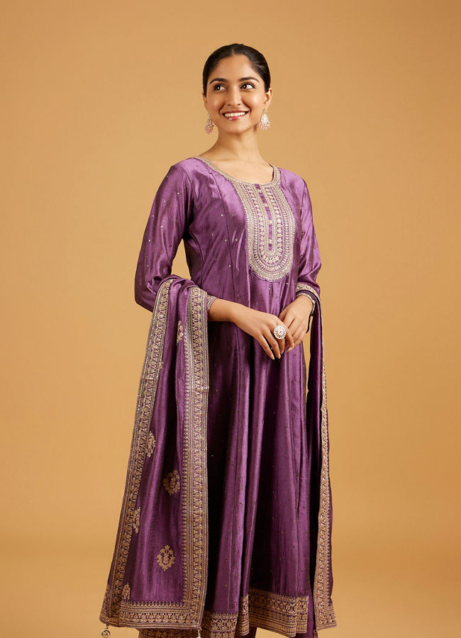 Mohey Women Dewberry Purple Rhinestone Anarkali Suit with Zari Border And Neckline