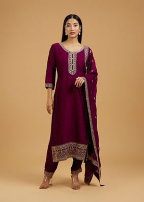 Mohey Women Elegant Wine Silk Straight Suit