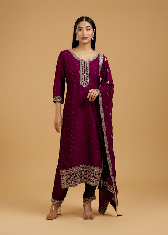 Mohey Women Elegant Wine Silk Straight Suit