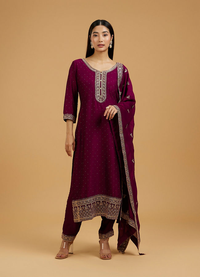 Mohey Women Elegant Wine Silk Straight Suit