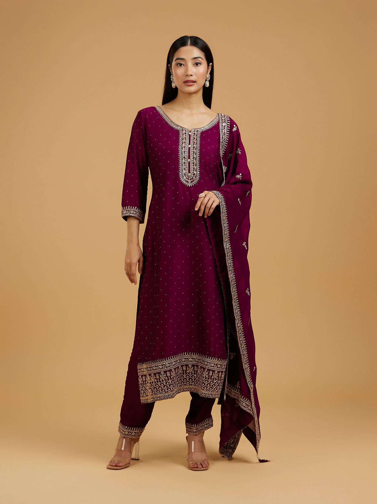 Mohey Women Elegant Wine Silk Straight Suit