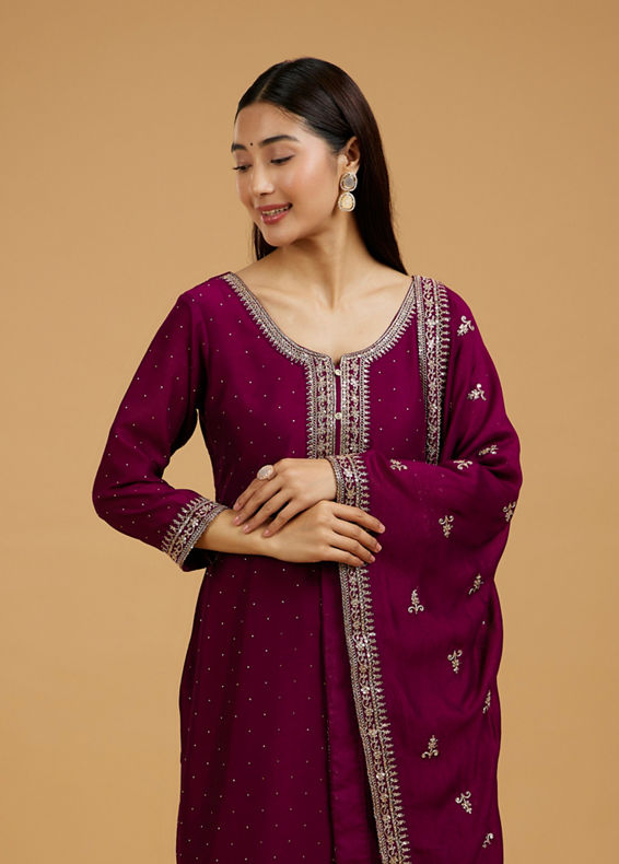 Mohey Women Elegant Wine Silk Straight Suit