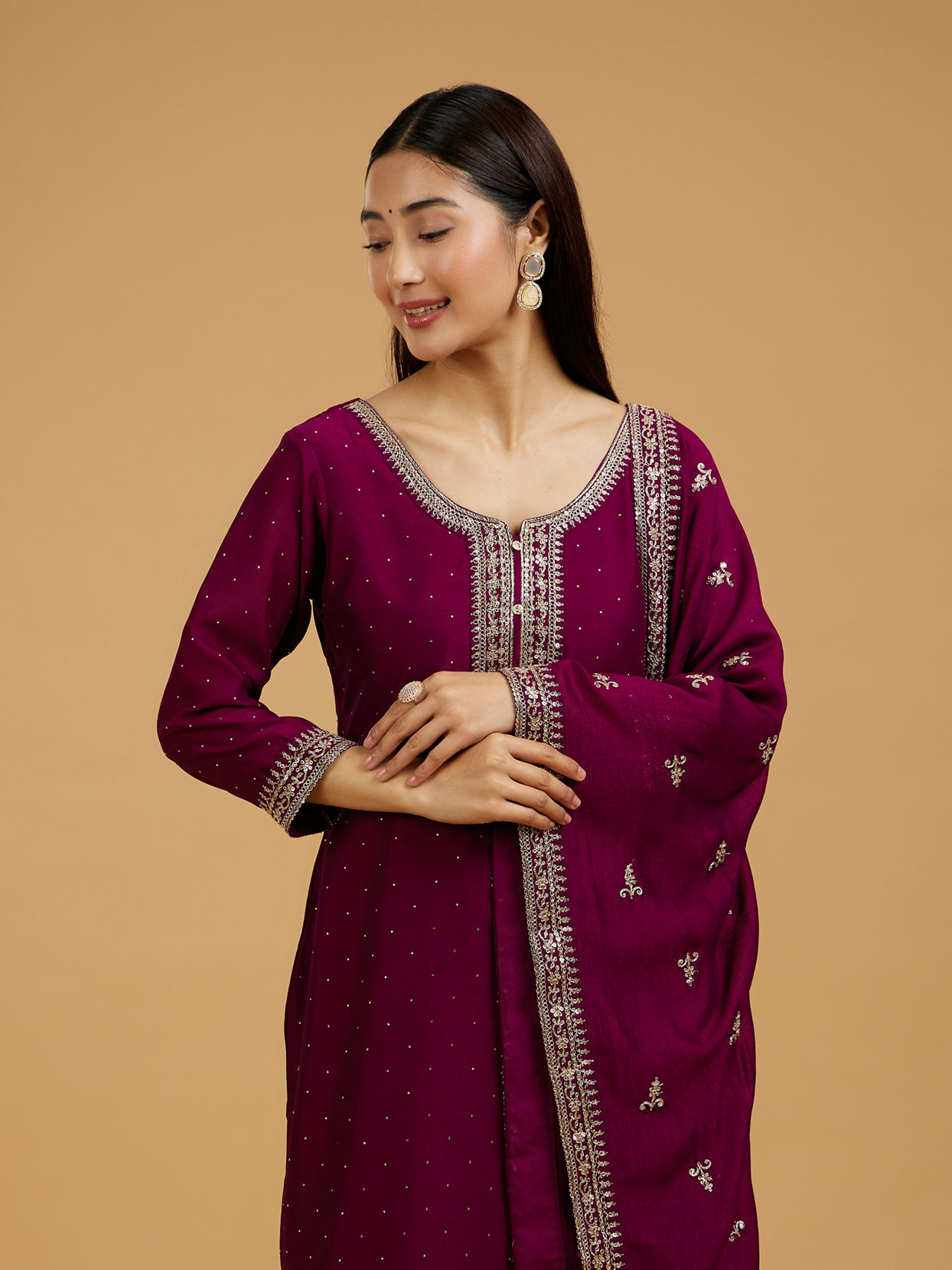 Mohey Women Elegant Wine Silk Straight Suit