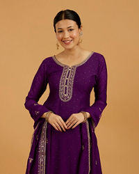 Mohey Women Royal Purple Rhinestone Embellished Suit Set with Buta Embroidered Dupatta