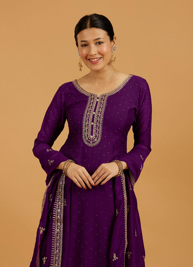 Mohey Women Royal Purple Rhinestone Embellished Suit Set