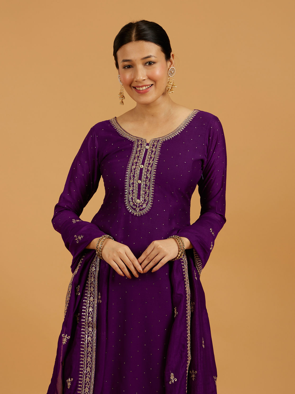 Mohey Women Royal Purple Rhinestone Embellished Suit Set