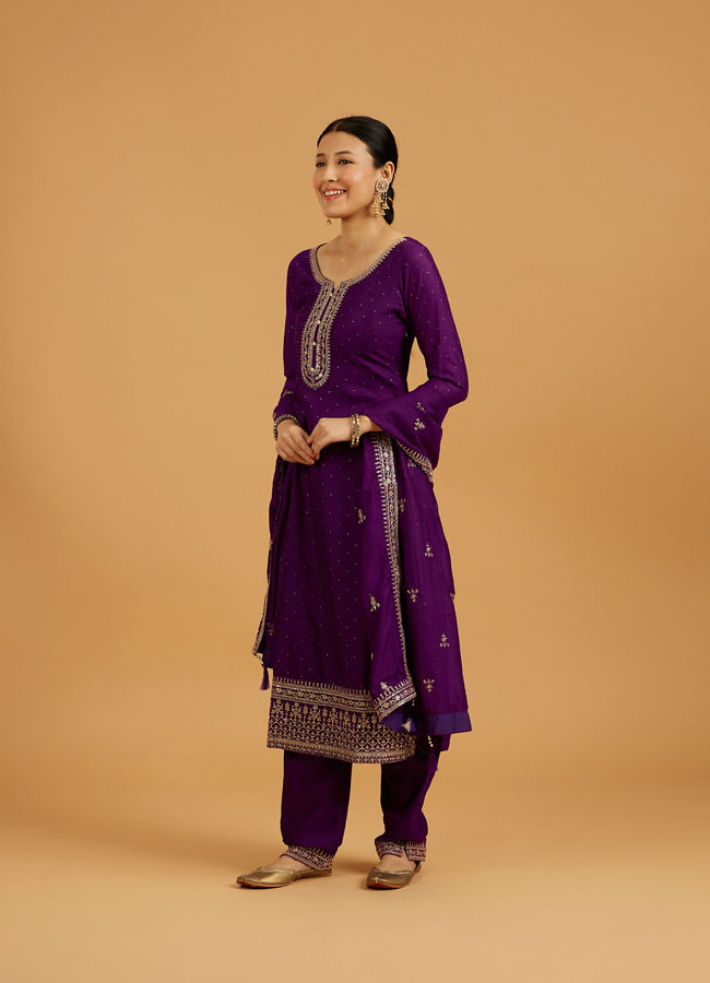 Mohey Women Royal Purple Rhinestone Embellished Suit Set with Buta Embroidered Dupatta