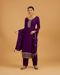 Mohey Women Royal Purple Rhinestone Embellished Suit Set with Buta Embroidered Dupatta