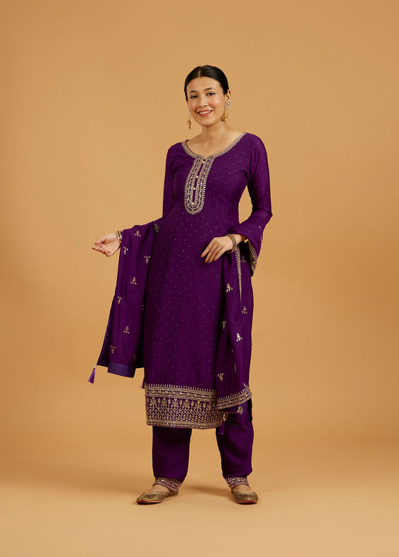 Mohey Women Royal Purple Rhinestone Embellished Suit Set with Buta Embroidered Dupatta