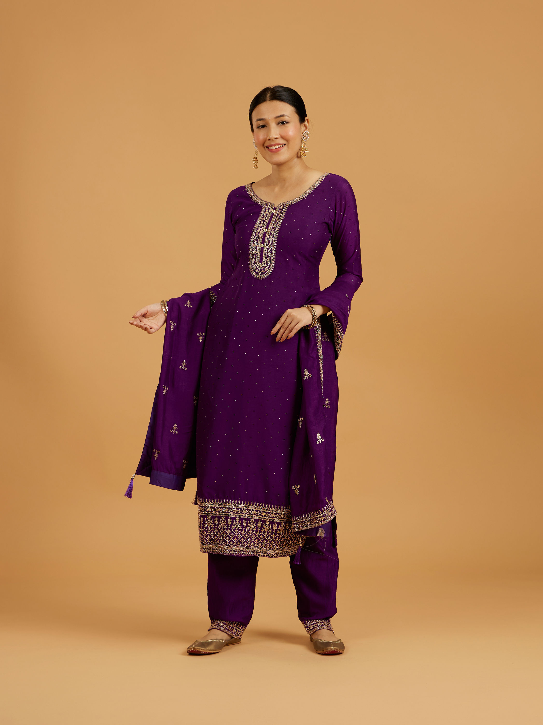 Mohey Women Royal Purple Rhinestone Embellished Suit Set with Buta Embroidered Dupatta