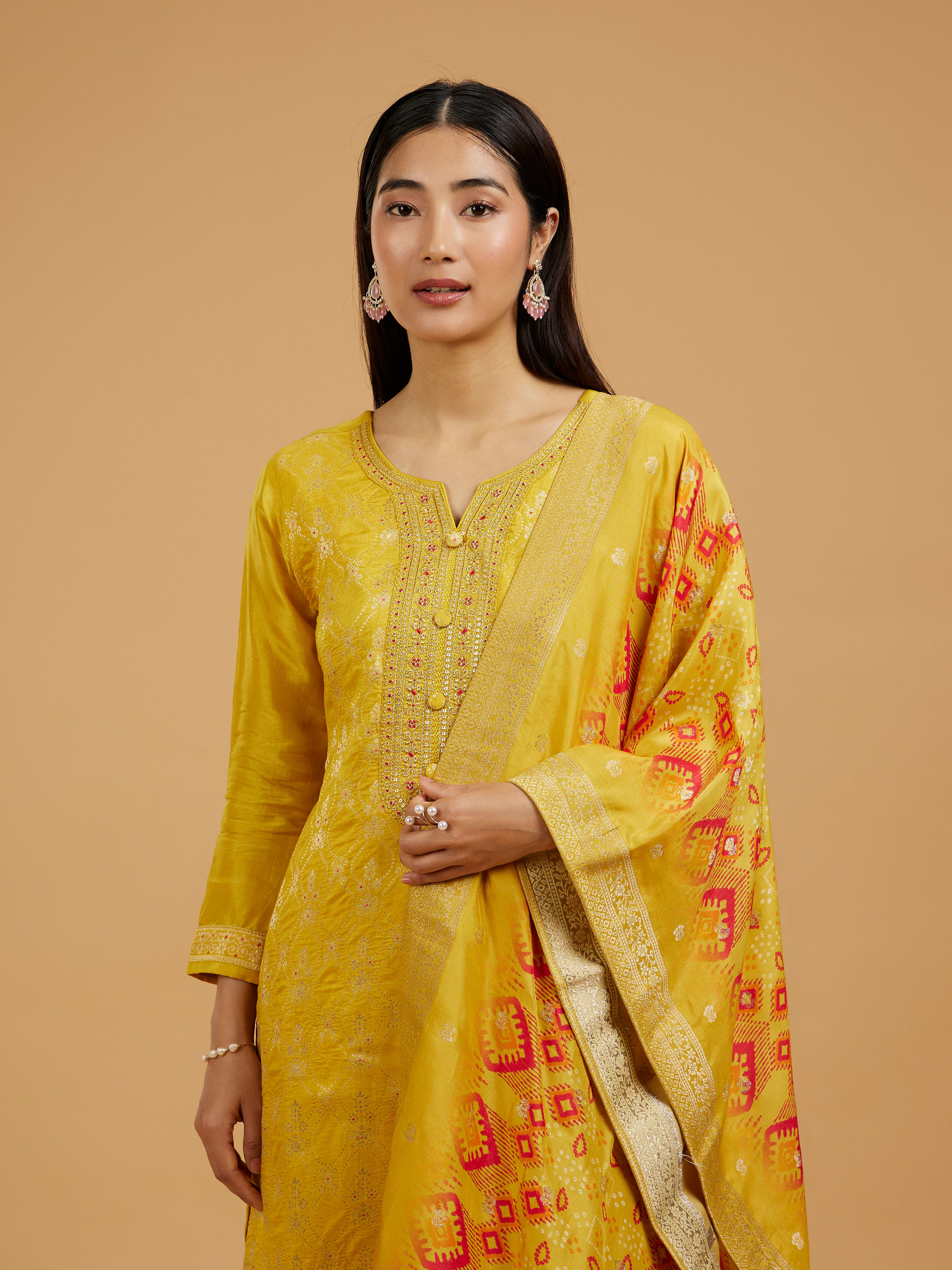 Mohey Women Mustard Art Silk Straight Suit