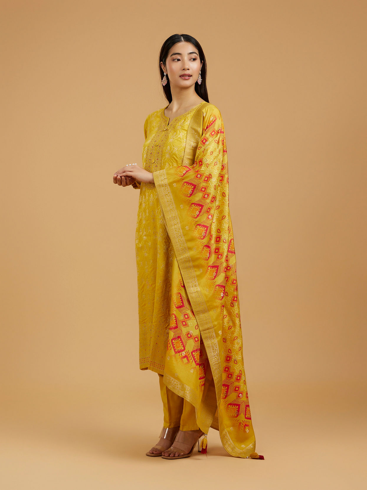 Mohey Women Mustard Art Silk Straight Suit