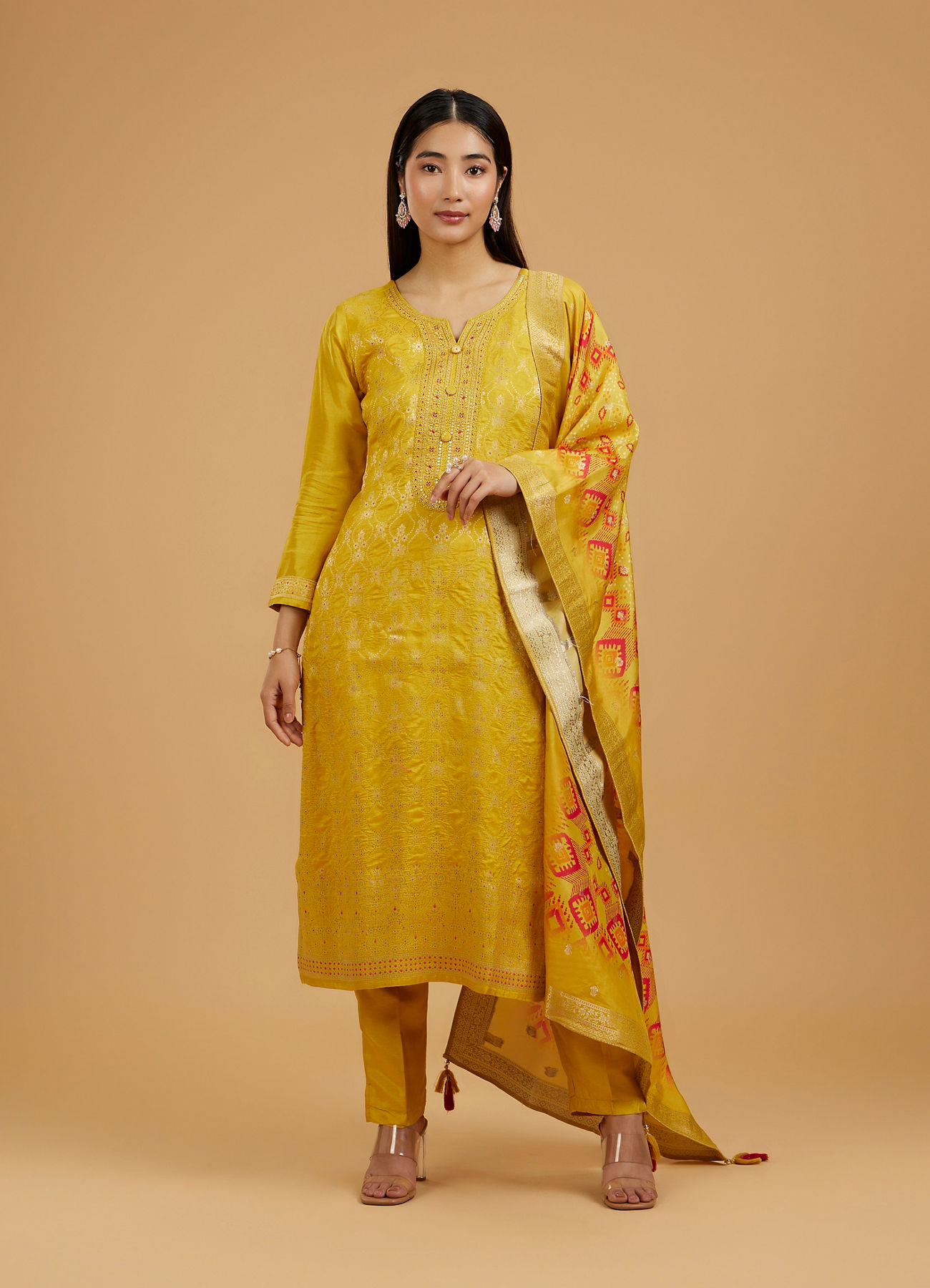 Mohey Women Mustard Art Silk Straight Suit