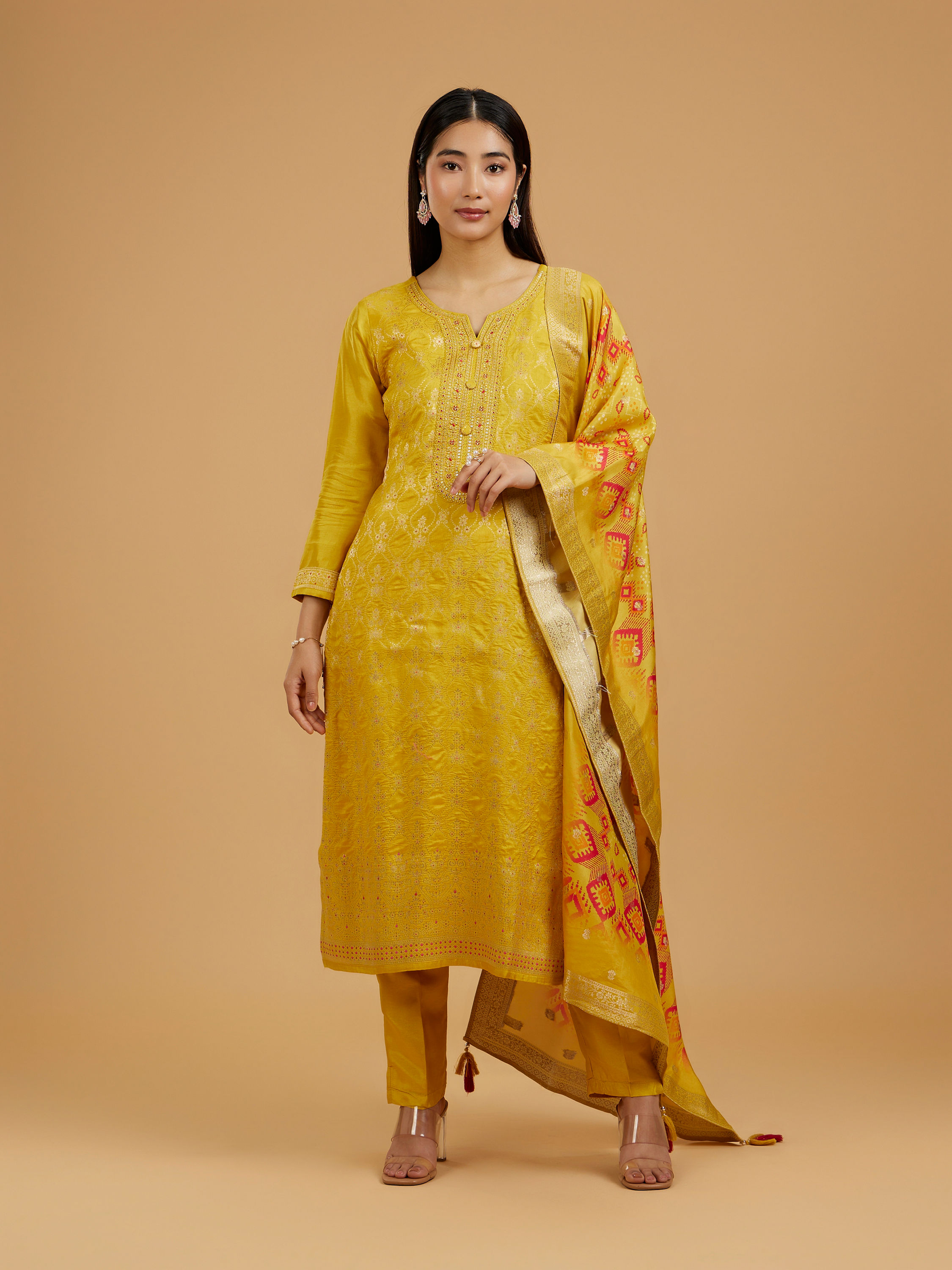 Mohey Women Mustard Art Silk Straight Suit