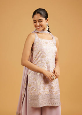 Mohey Women Soft Lilac Floral Patterned Suit Set with Sequin Embroidered Border