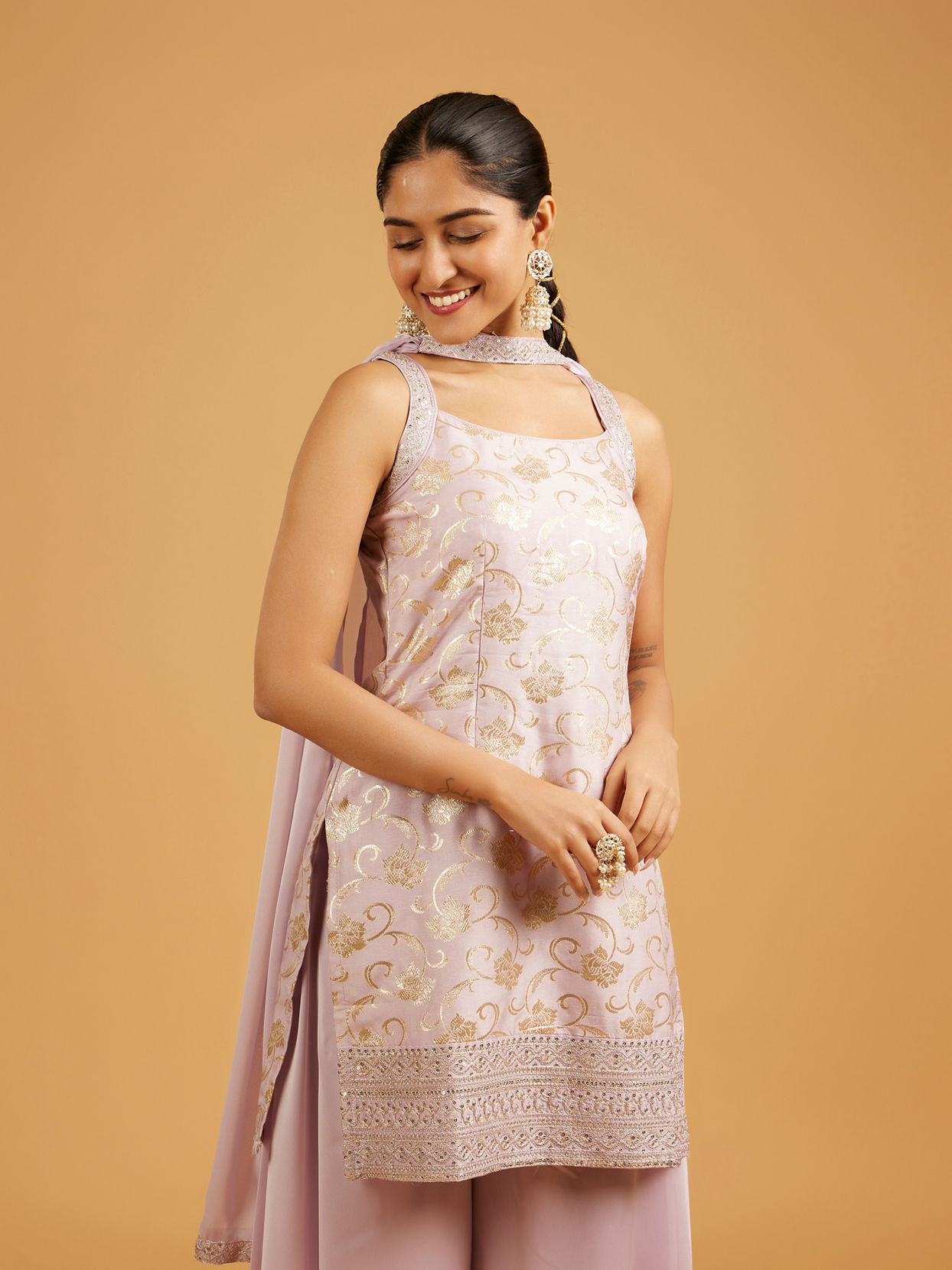 Mohey Women Soft Lilac Floral Patterned Suit Set with Sequin Embroidered Border