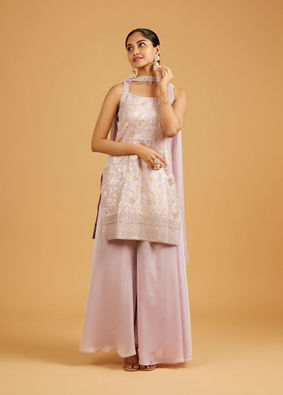 Mohey Women Soft Lilac Floral Patterned Suit Set with Sequin Embroidered Border