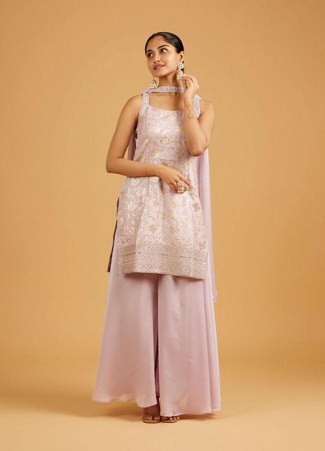Mohey Women Soft Lilac Floral Patterned Suit Set with Sequin Embroidered Border