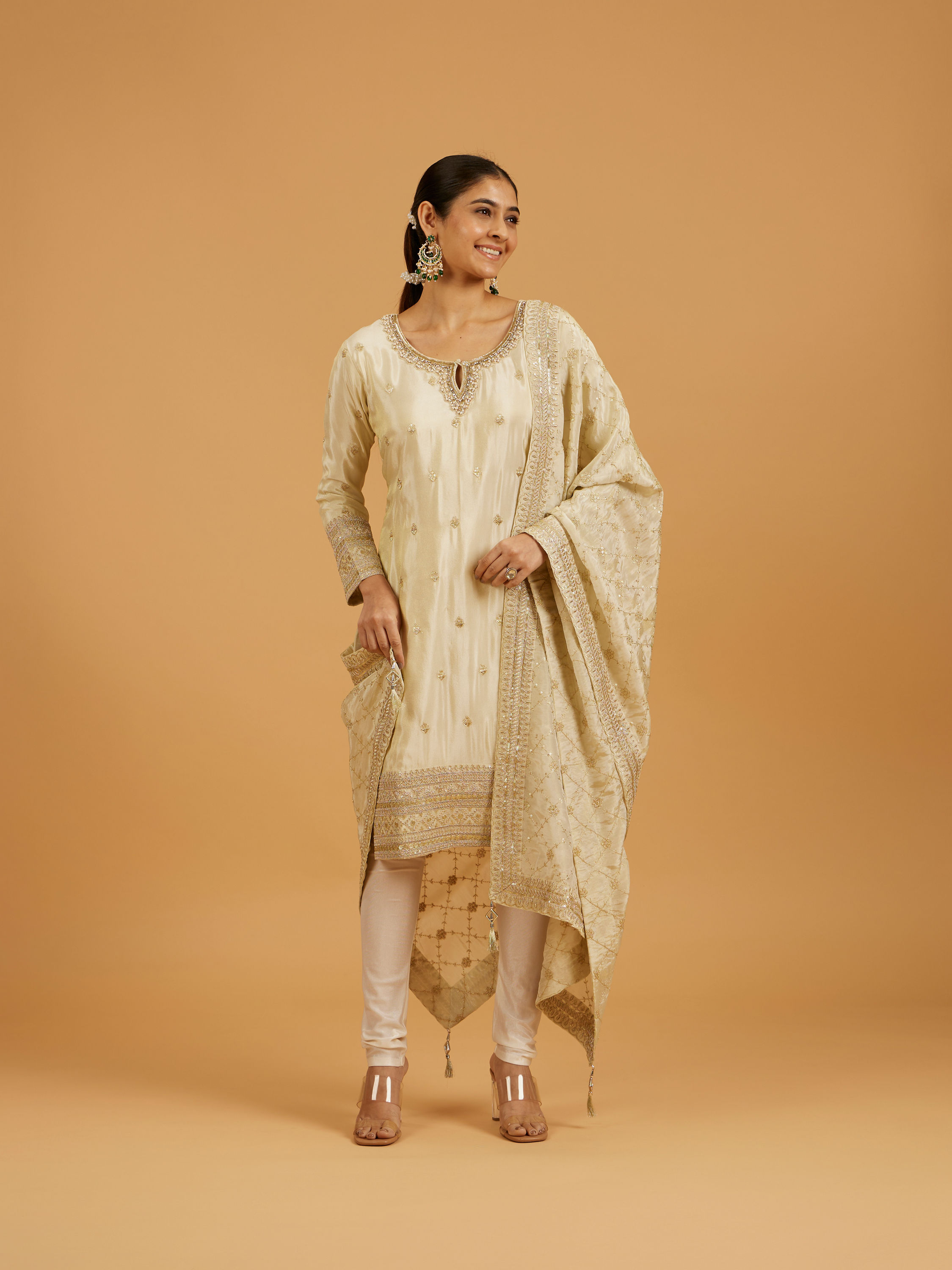 Mohey Women Cream Elegance Stitched Suit