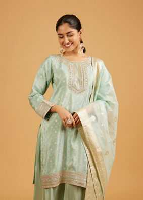 Mohey Women Sea Green Buta Patterned Palazzo Suit with Zari Borders