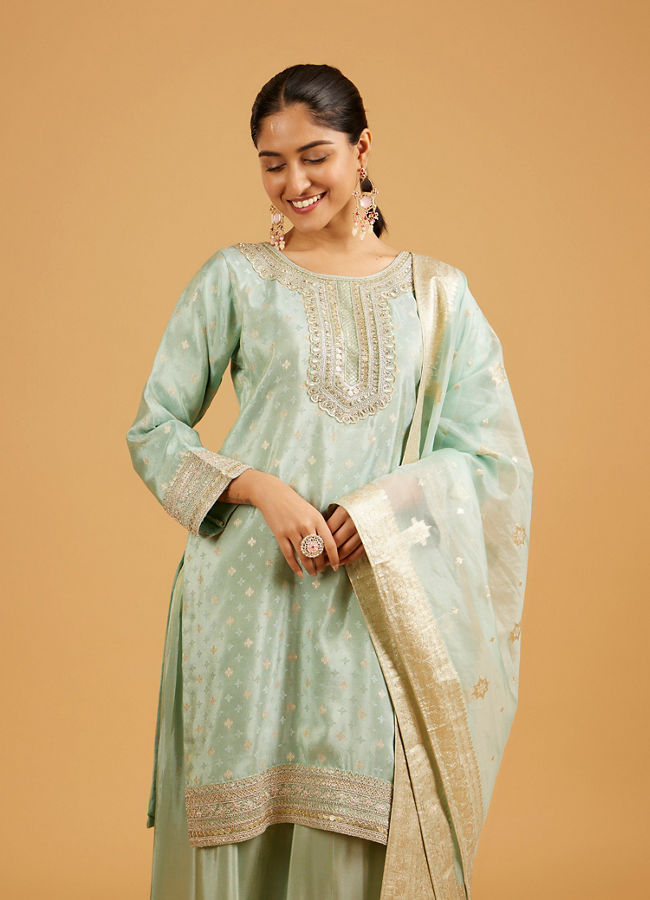 Mohey Women Sea Green Buta Patterned Palazzo Suit with Zari Borders