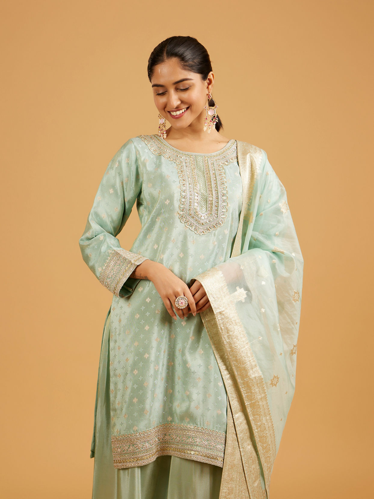 Mohey Women Sea Green Buta Patterned Palazzo Suit with Zari Borders