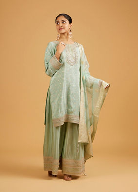 Mohey Women Sea Green Buta Patterned Palazzo Suit with Zari Borders