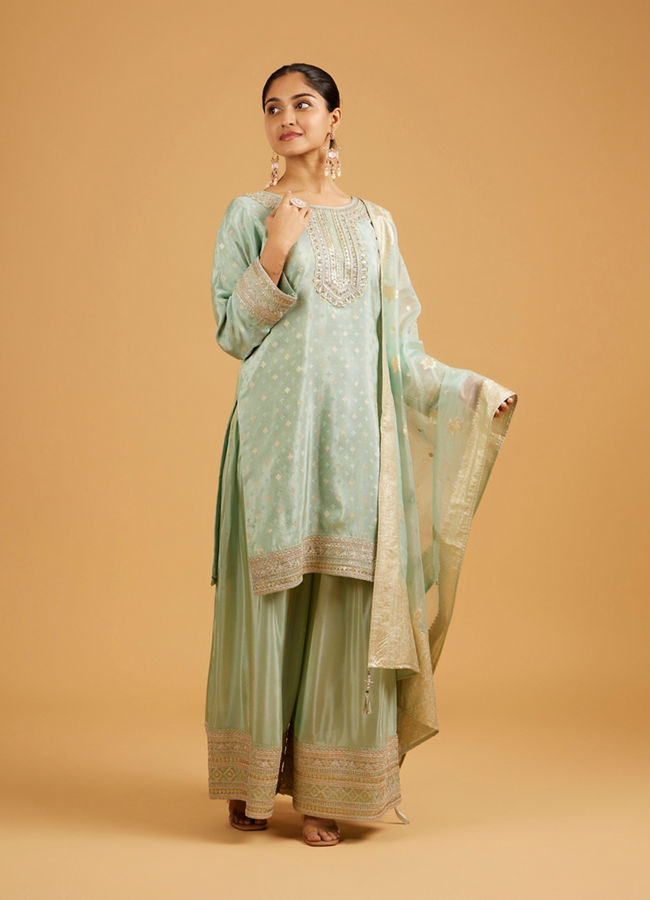 Mohey Women Sea Green Buta Patterned Palazzo Suit with Zari Borders