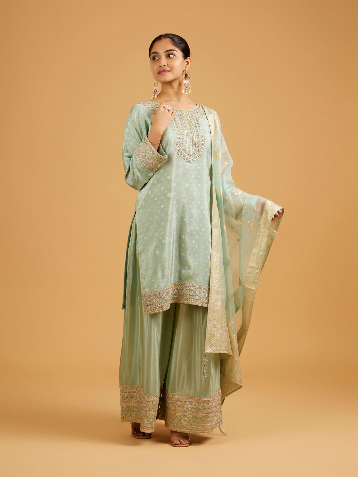 Mohey Women Sea Green Buta Patterned Palazzo Suit with Zari Borders