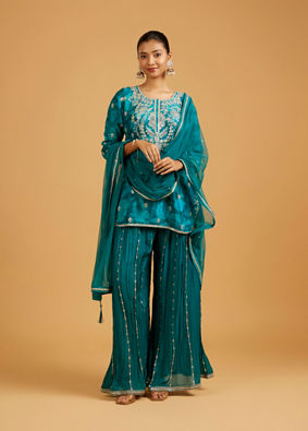 Mohey Women Teal Blue Floral Printed Suit Set with Zari Embellished Neckline