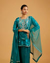 Mohey Women Teal Blue Floral Printed Suit Set with Zari Embellished Neckline