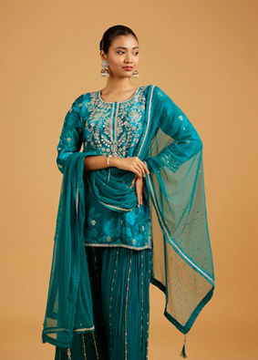 Mohey Women Teal Blue Floral Printed Suit Set with Zari Embellished Neckline